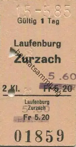 Schweiz - Laufenburg Zurzach - Fahrkarte 1985 Preis-Überdruck