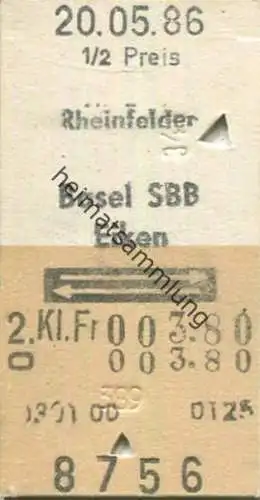Schweiz - Rheinfelden Basel SBB Eiken und zurück - Fahrkarte 1986 1/2 Preis