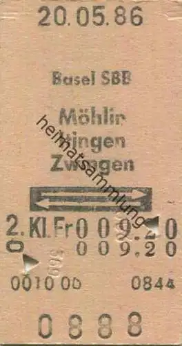Schweiz - Basel SBB Möhlin Itingen Zwingen und zurück - Fahrkarte 1986