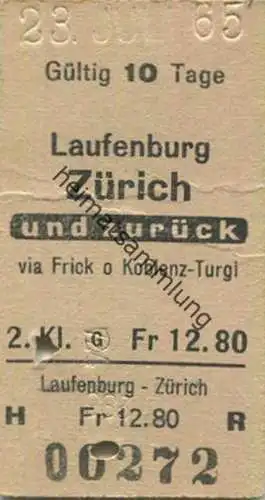Schweiz - Laufenburg Zürich und zurück via Frick oder Koblenz Turgi und zurück - Fahrkarte 1965