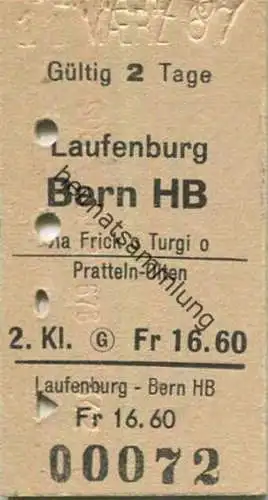 Schweiz - Laufenburg Bern HB via Frick oder Turgi oder Pratteln Olten - Fahrkarte 1967