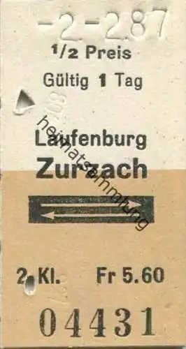 Schweiz - Laufenburg Zurzach und zurück - Fahrkarte 1987 1/2 Preis