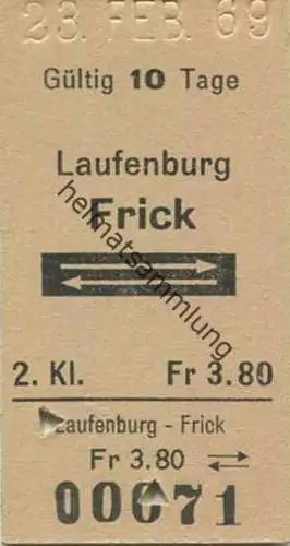 Schweiz - Laufenburg Frick und zurück - Fahrkarte 1969