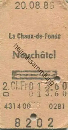 Schweiz - La Chaux de Fonds Neuchatel und zurück - Fahrkarte 1986