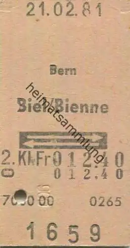 Schweiz - Bern Biel Bienne und zurück - Fahrkarte 1981