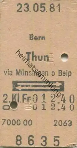 Schweiz - Bern Thun via Münsingen oder Belp und zurück - Fahrkarte 1981