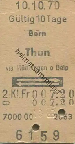 Schweiz - Bern Thun via Münsingen oder Belp und zurück - Fahrkarte 1970