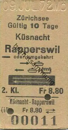 Schweiz - Küsnacht Rapperswil oder umgekehrt per Schiff oder Bahn und Schiff und zurück - Fahrkarte 1972