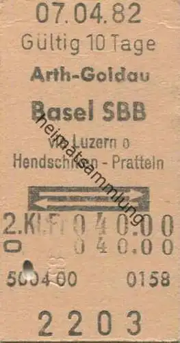 Schweiz - Arth-Goldau Basel SBB via Luzern oder Hendschiken Pratteln und zurück - Fahrkarte 1982