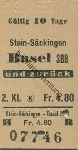 Schweiz - Stein-Säckingen Basel SBB und zurück - Fahrkarte 1959