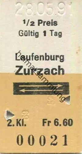 Schweiz - Laufenburg Zurzach - Fahrkarte 1991 1/2 Preis