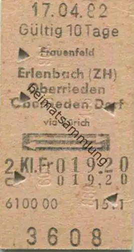 Schweiz - Frauenfeld Erlenbach (ZH) Oberrieden Oberrieden Dorf via Zürich und zurück - Fahrkarte 1982