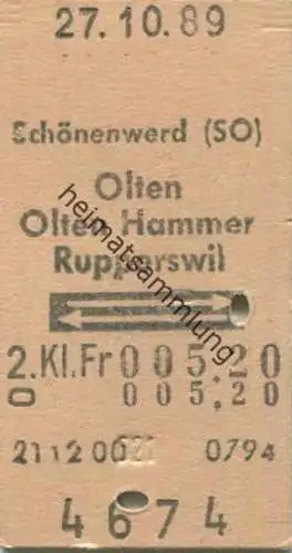 Schweiz - Schönenwerd (SO) Olten Olten Hammer Rupperswil und zurück - Fahrkarte 1989