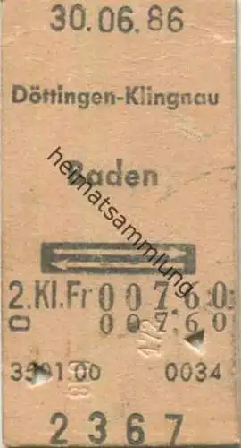Schweiz - Döttingen-Klingnau Baden und zurück - Fahrkarte 1986