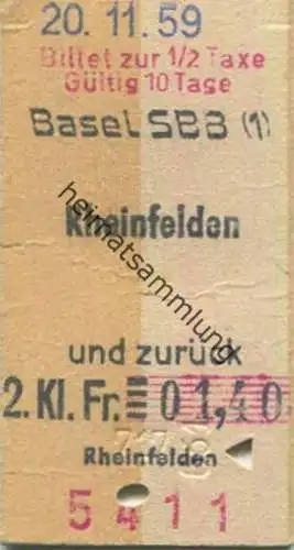 Schweiz - Basel SBB Rheinfelden und zurück - Fahrkarte 1959 Billet zu 1/2 Taxe