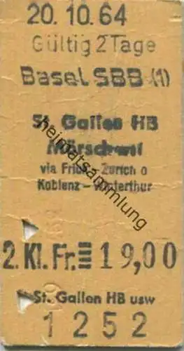 Schweiz - Basel SBB St. Gallen Mörschwil via Frick - Zürich Koblenz - Winterthur - Fahrkarte 1964