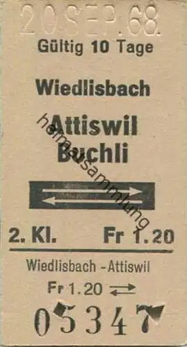 Schweiz - Wiedlisbach Attiswil Buchli und zurück - Fahrkarte 1968