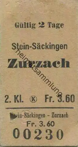 Schweiz - Stein-Säckingen Zurzach - Fahrkarte 1957