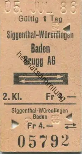 Schweiz - Siggenthal-Würenlingen Baden Brugg AG und zurück - Fahrkarte 2. Klasse 1986