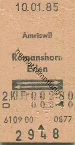 Schweiz - Amriswil Romanshorn Erlen und zurück - Fahrkarte 2. Klasse 1985