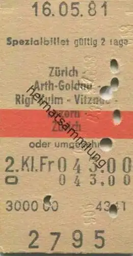 Schweiz - Spezialbillet Zürich Arth-Goldau Rigi-Kulm Vitznau Luzern Zürich oder umgekehrt - Fahrkarte 1981