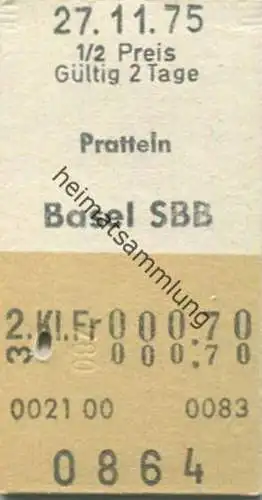 Schweiz - Pratteln Basel SBB - Fahrkarte 1/2 Preis 1975