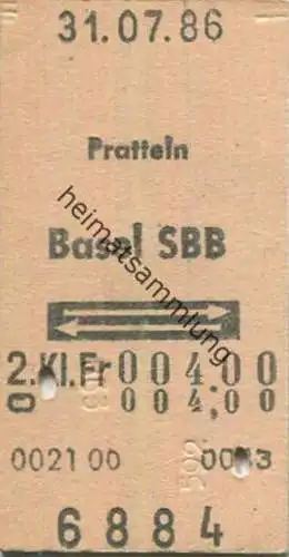 Schweiz - Pratteln Basel SBB und zurück - Fahrkarte 1986