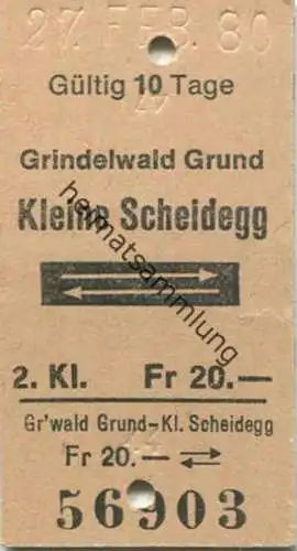 Schweiz - Grindelwald Grund Kleine Scheidegg und zurück - Fahrkarte 2. Klasse 1980