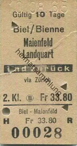 Schweiz - Biel / Bienne Maienfeld Landquart und zurück via Zürich - Fahrkarte 2. Klasse 1965 - rückseitig Stempel: Verlä