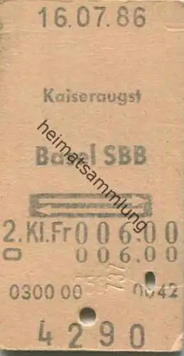 Schweiz - Kaiseraugst Basel SBB und zurück - Fahrkarte 1986