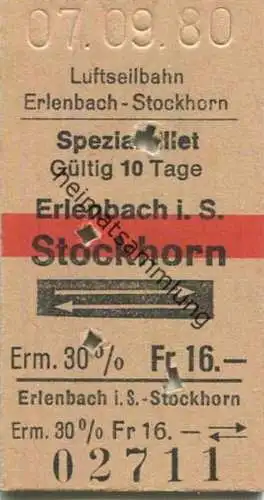 Schweiz - Luftseilbahn Erlenbach-Stockhorn - Spezialbillet Erlenbach i.S. Stockhorn und zurück - Fahrkarte Erm. 30% 1980
