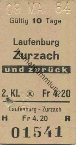 Schweiz - Laufenburg Zurzach und zurück - Fahrkarte 2. Klasse 1964