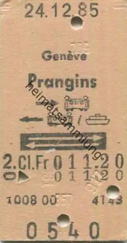 Schweiz - Geneve Prangins hin mit Zug zurück mit Zug oder Schiff - Fahrkarte 2. Klasse 1985