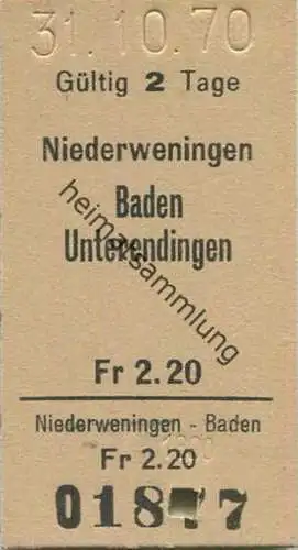 Schweiz - Niederweningen Baden Unterendingen - Fahrkarte 1970