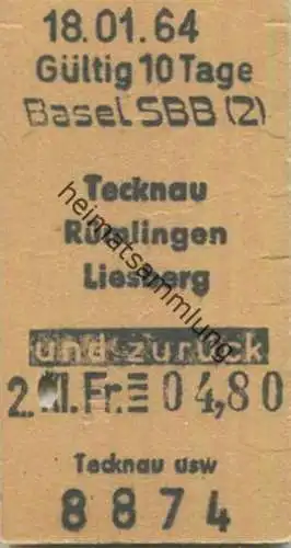 Schweiz - Basel SBB Tecknau Rümlingen Liesberg und zurück - Fahrkarte 2. Klasse 1964