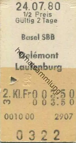 Schweiz - Basel Delemont Laufenburg  - Fahrkarte 2. Klasse 1/2 Preis 1980