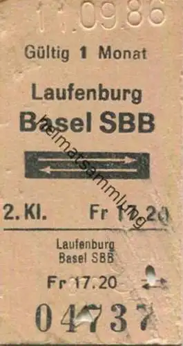 Schweiz - Laufenburg Basel SBB und zurück - Fahrkarte 2. Klasse 1986
