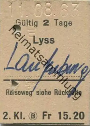 Schweiz - Lyss Laufenburg Reiseweg siehe Rückseite - Fahrkarte 2. Klasse 1963 1/2 Taxe