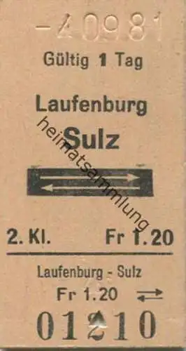Schweiz - Laufenburg Sulz und zurück - Fahrkarte 2. Klasse 1981