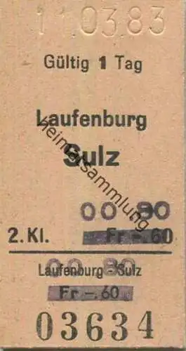 Schweiz - Laufenburg Sulz - Fahrkarte 2. Klasse 1983 - Überdruck 00.80