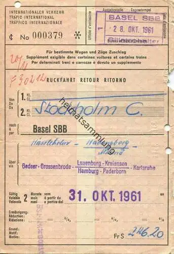 Schweden Schweiz - Internationaler Verkehr - Rückfahrt von Stockholm C. nach Basel SBB - Fahrschein 1961