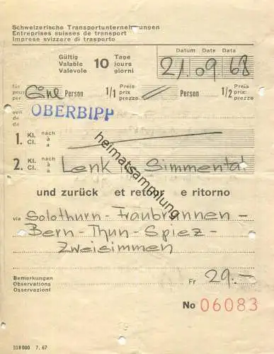 Schweiz - Schweizerische Transportunternehmungen - von Oberbipp nach Lenk im Simmental - Fahrkarte 1968
