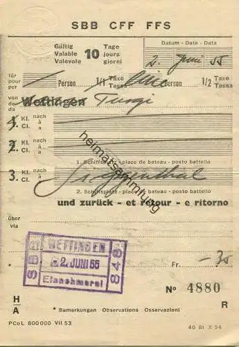 Schweiz - SBB CFF FFS - Fahrschein von Turgi nach Siggenthal 3. Klasse 1955