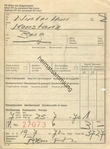 Schweiz - SBB CFF FFS PP-Billett des Zugpersonals von Winterthur nach Konstanz via Berg - Fahrschein 1970