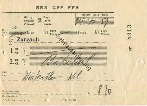 Schweiz - SBB CFF FFS - Fahrschein von Zurzach nach Bütschwil via Winterthur Wil 1959