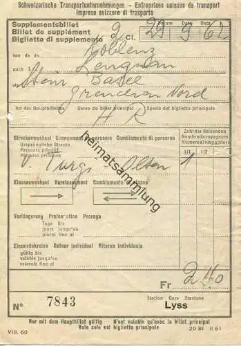 Schweiz - Schweizerische Transportunternehmungen - Supplementsbillet 1962 - Koblenz Lengnau via Stein Basel Grenchen