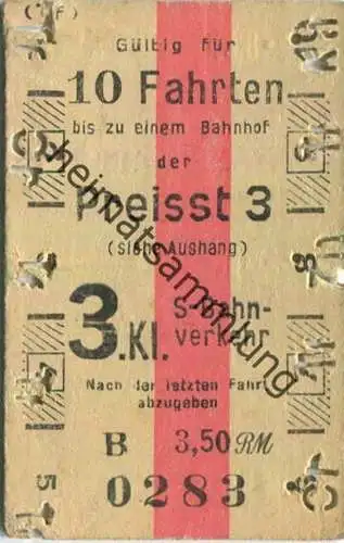 Deutschland - Gültig für 10 Fahrten - Fahrkarte Berlin S-Bahn-Verkehr 3. Klasse 3,50 RM