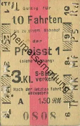 Deutschland - Gültig für 10 Fahrten - Fahrkarte Berlin S-Bahn-Verkehr 3. Klasse 1,50 RM