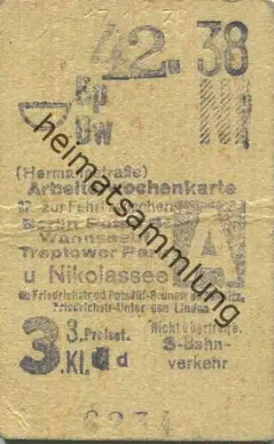 Deutschland - Arbeiterwochenkarte - Hermannstraße - Fahrkarte Berlin S-Bahn-Verkehr 3. Klasse 1938