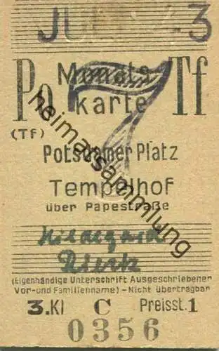 Deutschland - Monatskarte - Berlin Potsdamer Platz Tempelhof über Papestraße - Fahrkarte Berlin S-Bahn-Verkehr 3. Klasse